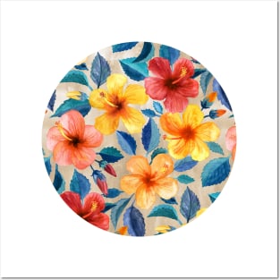 Colorful Watercolor Hibiscus on Warm Beige Posters and Art